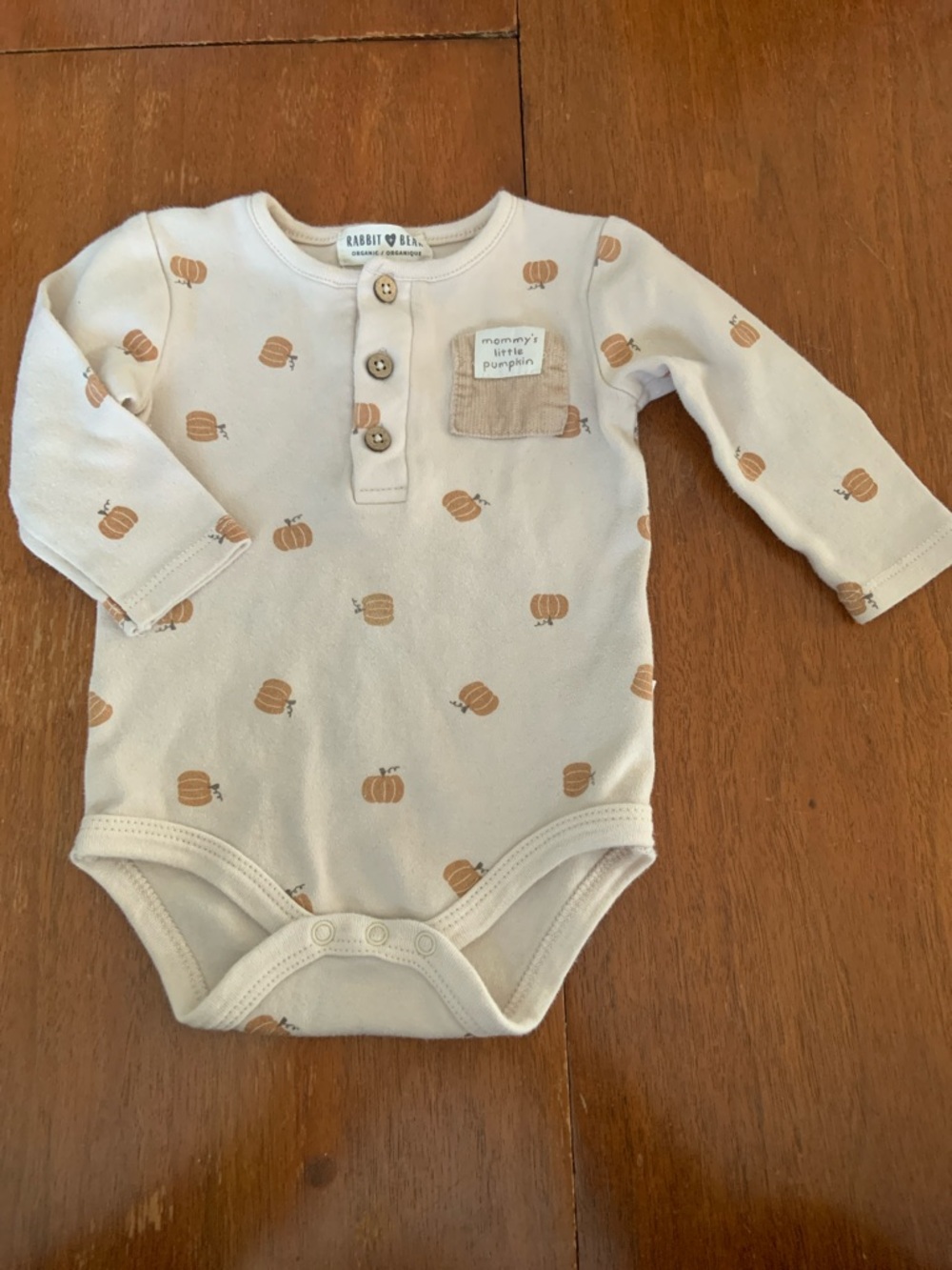 🍓3/$10 Rabbit + Bear Organic Pumpkin-Print Long Sleeve Baby Bodysuit size 6-9m